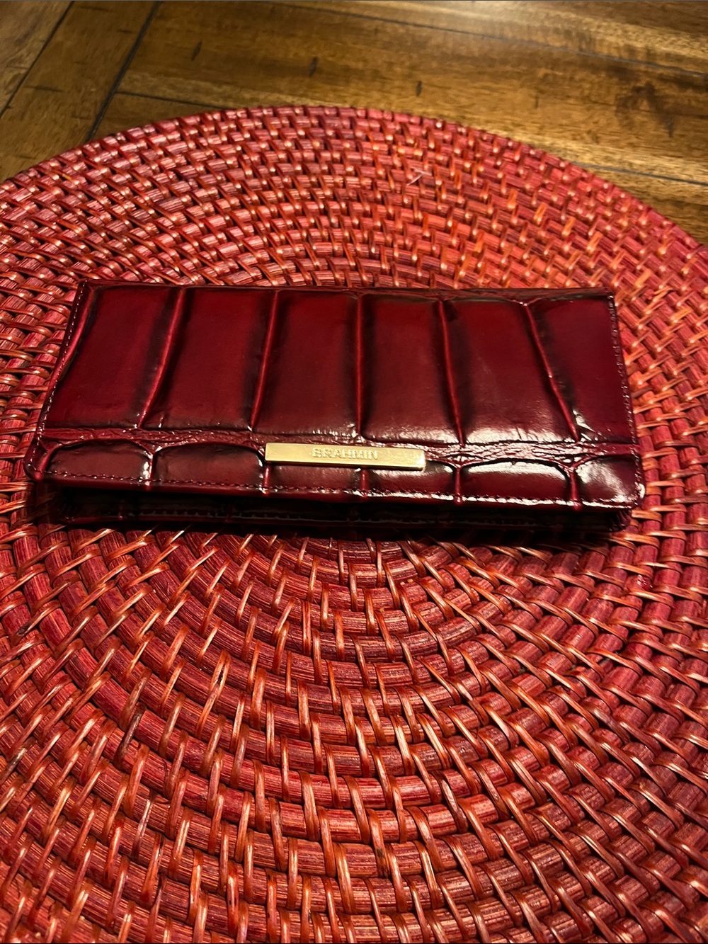 Brahmin Garnet Croc-Embossed Leather Card Holder with Gold Plaque